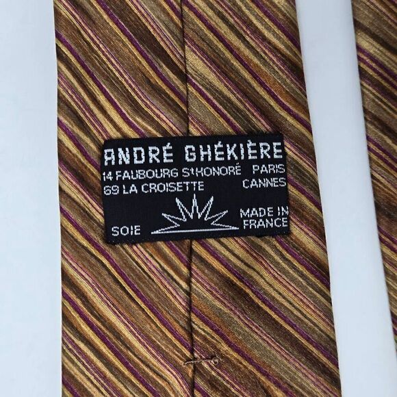 ANDRE GHEKIERE PARIS FRANCE SILK TIE BROWN GREEN PURPLE WATERCOLOR 3.5" X 56" - Picture 4 of 4